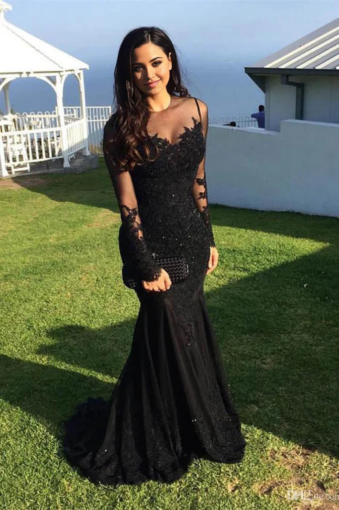 Vestido de fiesta de sirena con mangas largas y apliques de noche